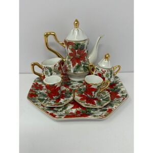 Formalities by Baum Bros Mini Tea Set Poinsettia Design 10 Pieces Christmas T5